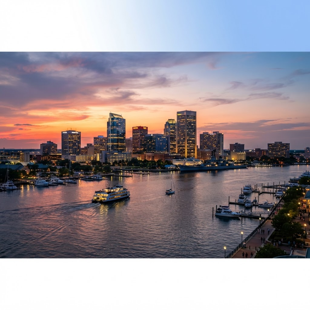 Hampton Roads Virginia waterfront at dusk